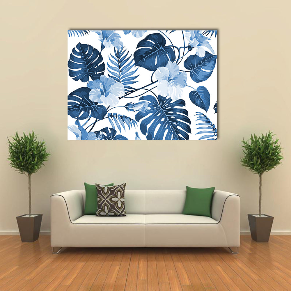 Navy Blue Tropical Leaves Pattern Canvas Wall Art