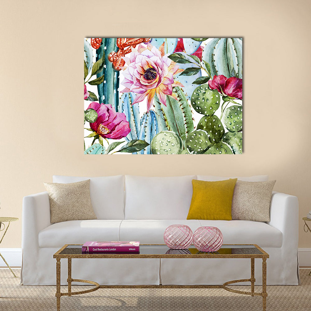 Watercolor Cactus Pattern with Pink Blooms Canvas Wall Art