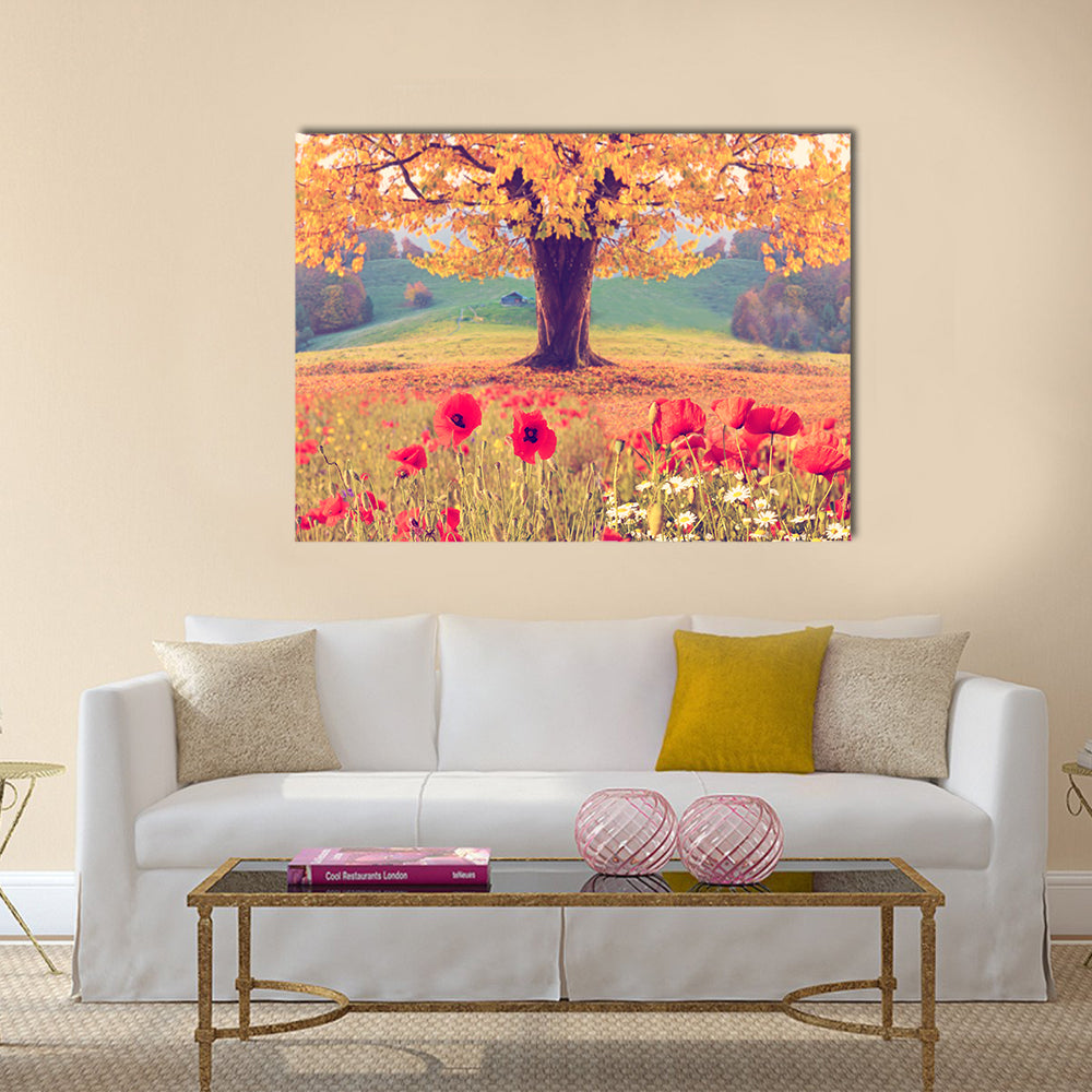 Red Poppies and Golden Tree Canvas Wall Art