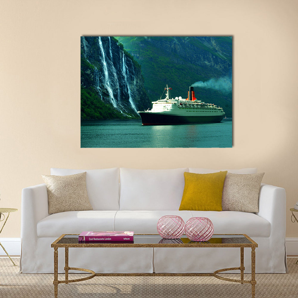 Queen Elizabeth II Cruise Ship Sailing In The Ocean Canvas Wall Art in black, green and blue, single panel hung on a wall