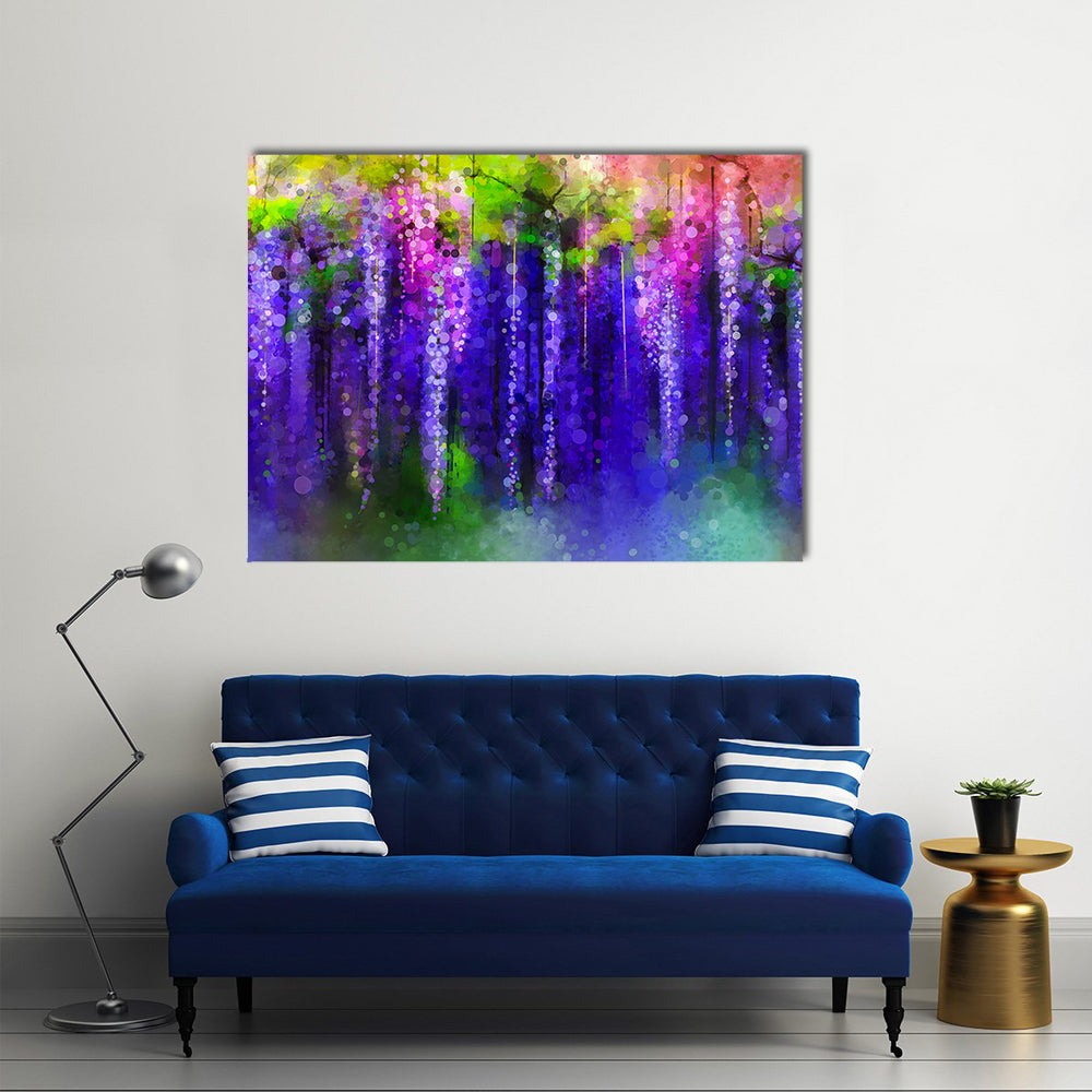 Wisteria Purple Flowers In Spring Canvas Wall Art in green, purple and pink, single panel hung on a wall
