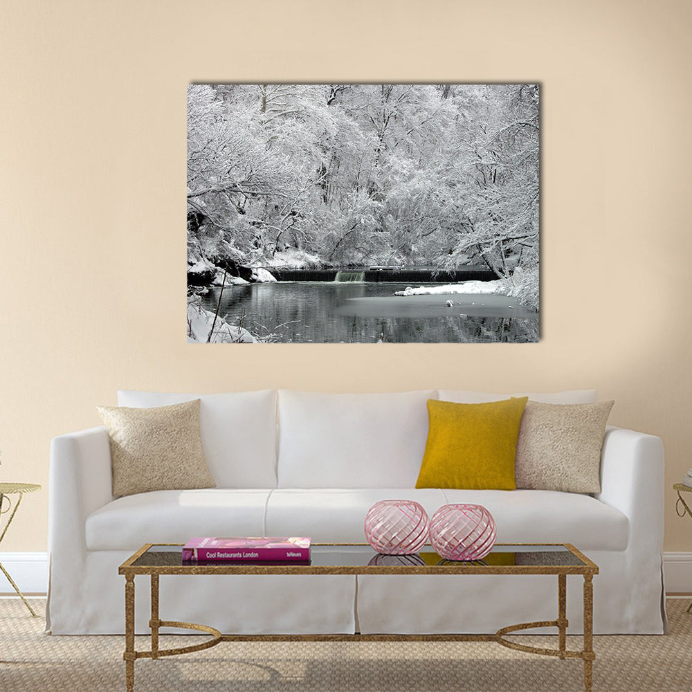 Snow Covered Fairmount Park In Philadelphia Canvas Wall Art in black, white and gray, single panel hung on a wall