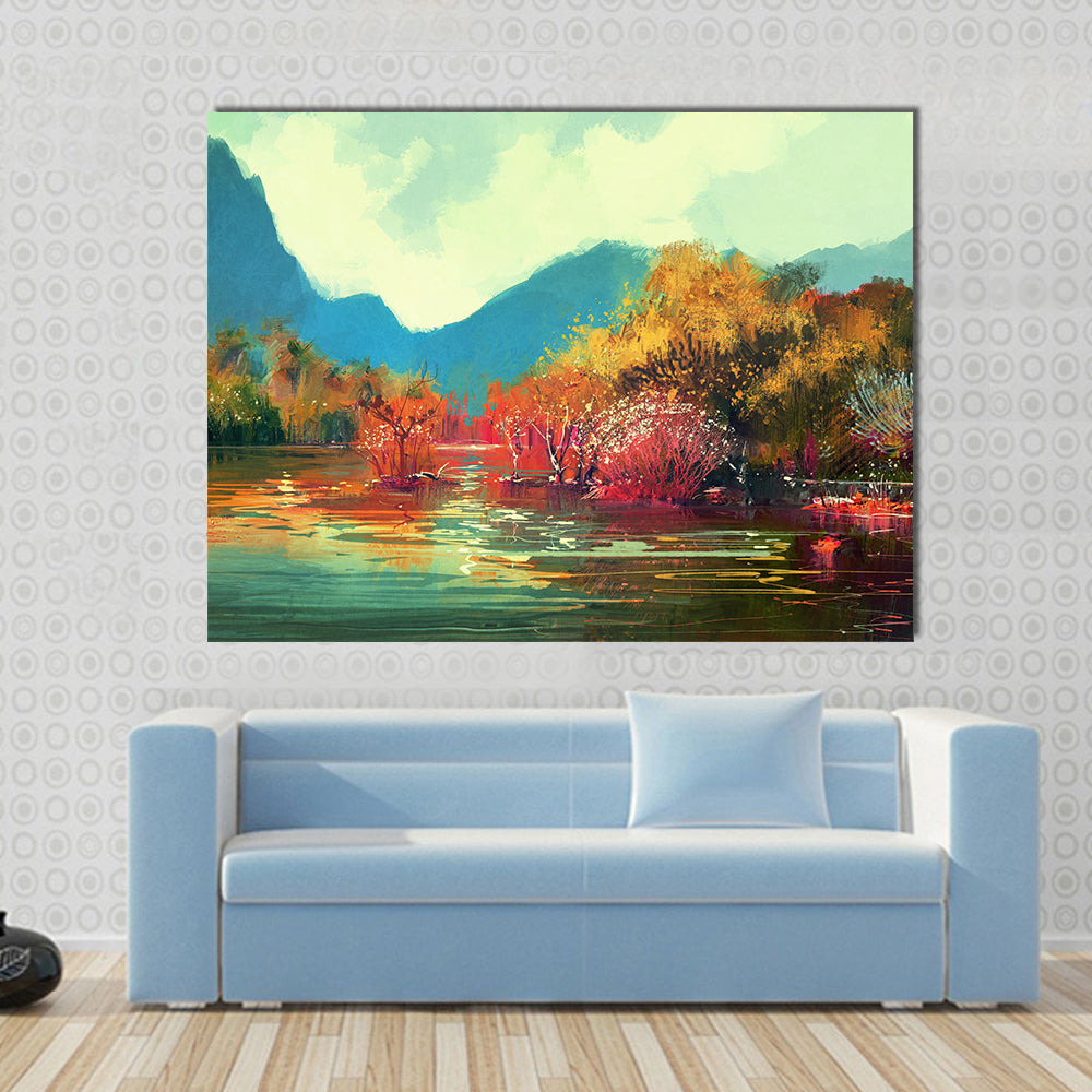 Autumn Lake Forest Illustration Canvas Wall Art