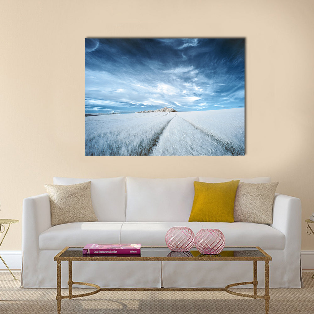 White Field with Parallel Tire Tracks Canvas Wall Art in white and blue, single panel hung on a wall
