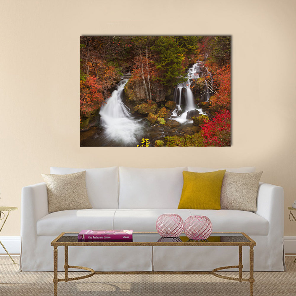 Ryuzu Falls Near Nikko Japan Canvas Wall Art in white, brown and green, single panel hung on a wall