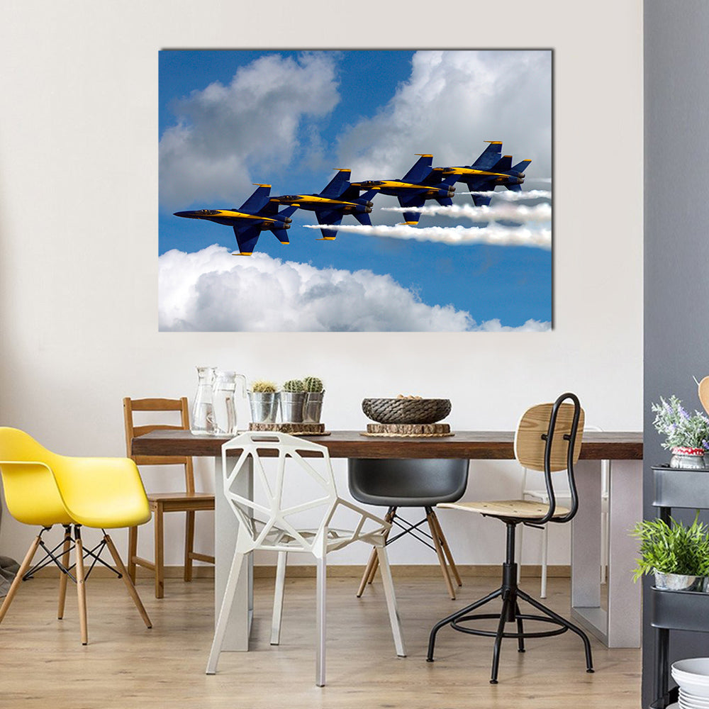 Blue Angels F/a-18 Echelon Formation Canvas Wall Art in white, yellow and blue, single panel hung on a wall