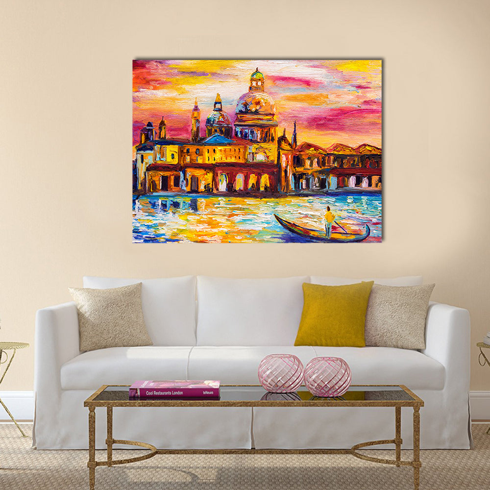 Venice Sunset Gondola Impression Canvas Wall Art in orange, yellow and pink, single panel hung on a wall
