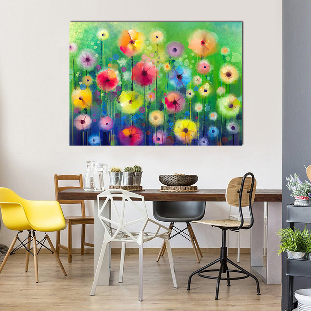 Spring Wildflower Illustration Canvas Wall Art in yellow, green and multicolor, single panel hung on a wall
