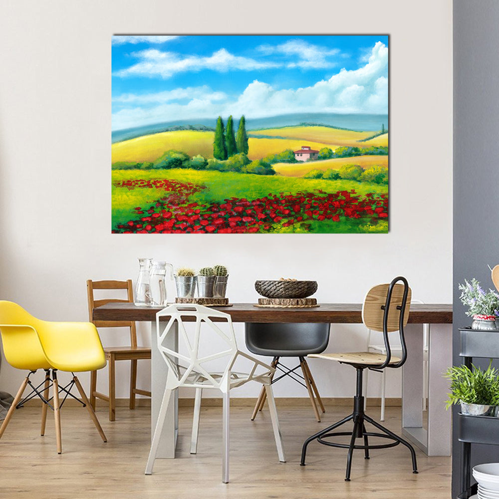 Tuscan Poppy Field with Cypress Trees Canvas Wall Art in yellow, green and blue, single panel hung on a wall