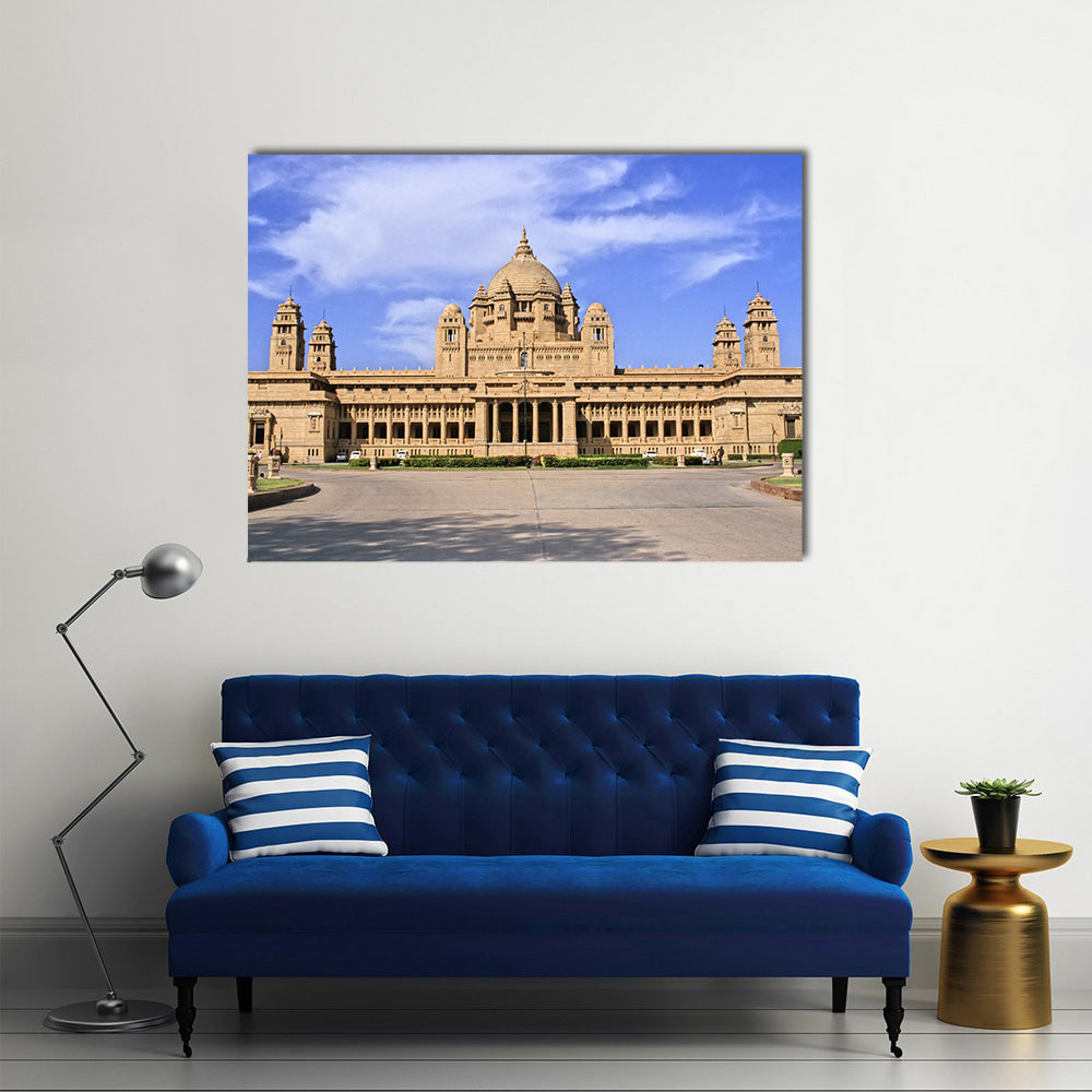Umaid Bhawan Palace, Jodhpur Canvas Wall Art in beige, brown and blue, single panel hung on a wall
