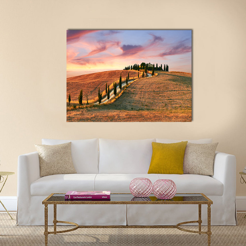 Hilltop Villa with Cypress Road at Sunset Canvas Wall Art
