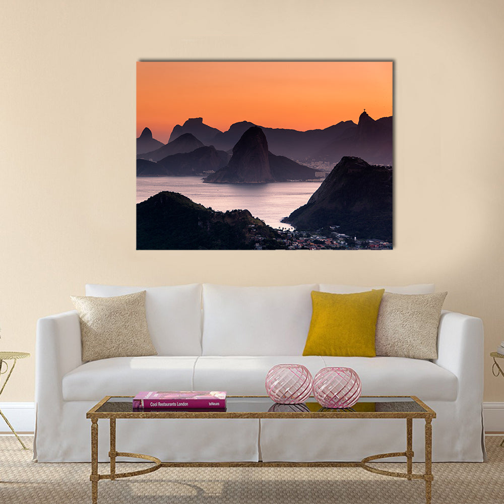 Scenic Rio de Janeiro Mountain Canvas Wall Art in black, orange and purple, single panel hung on a wall
