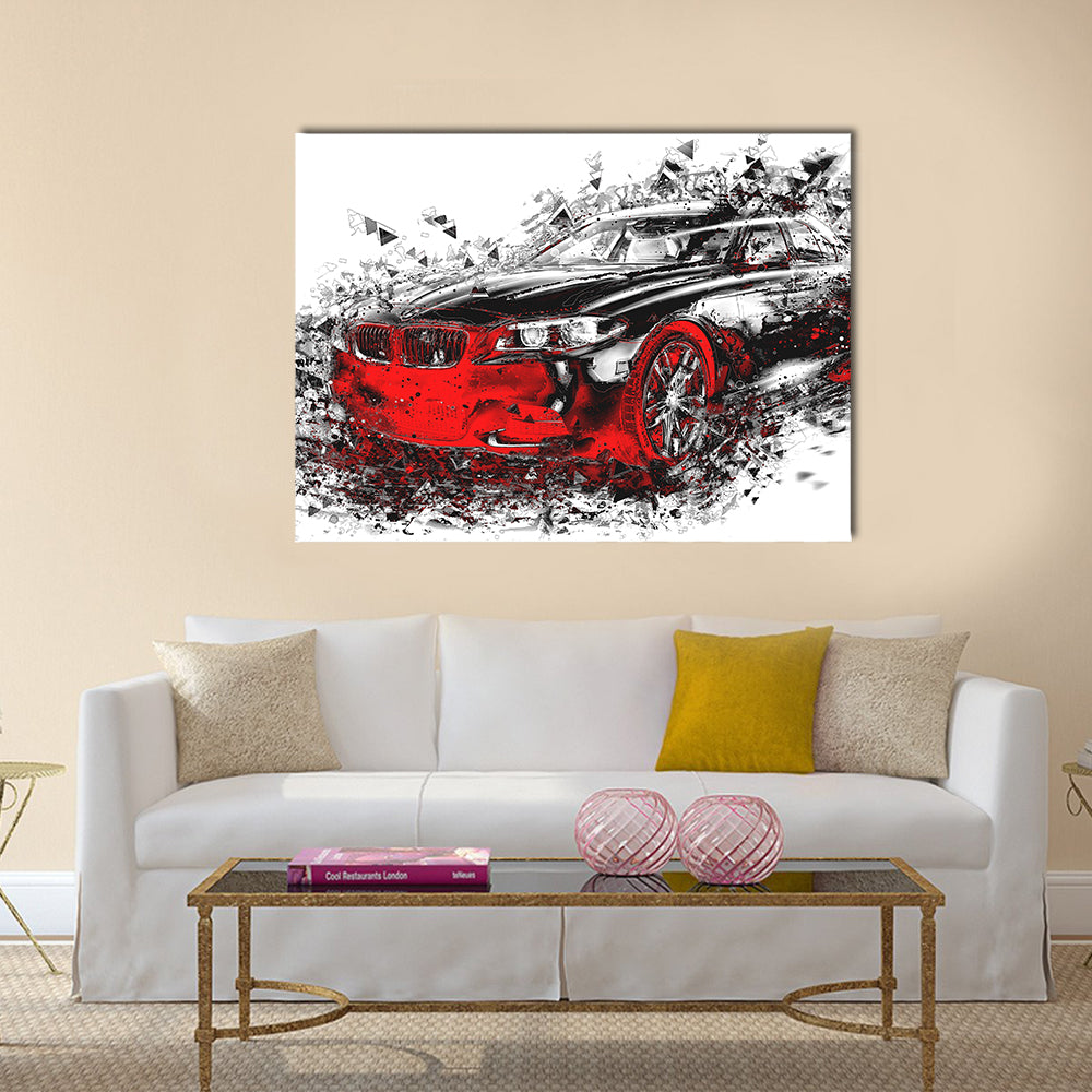 Abstract Bmw Sports Car Canvas Wall Art in black, white and red, single panel hung on a wall