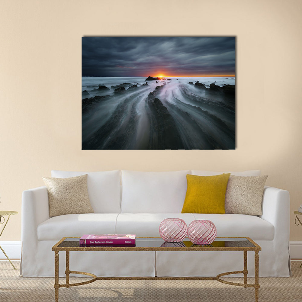Flysch Rocks In Barrika Beach At The Sunset Canvas Wall Art