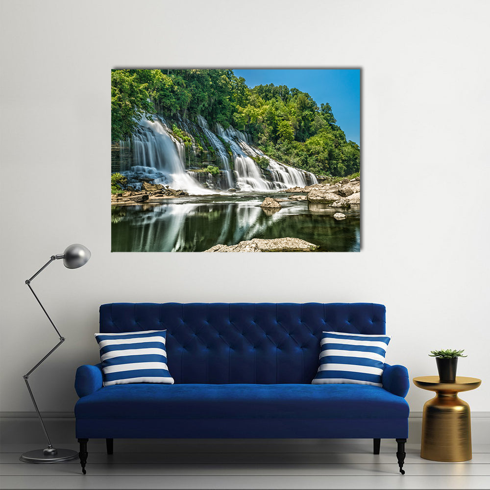 Twin Falls in Tennessee Canvas Wall Art in white, green and blue, single panel hung on a wall