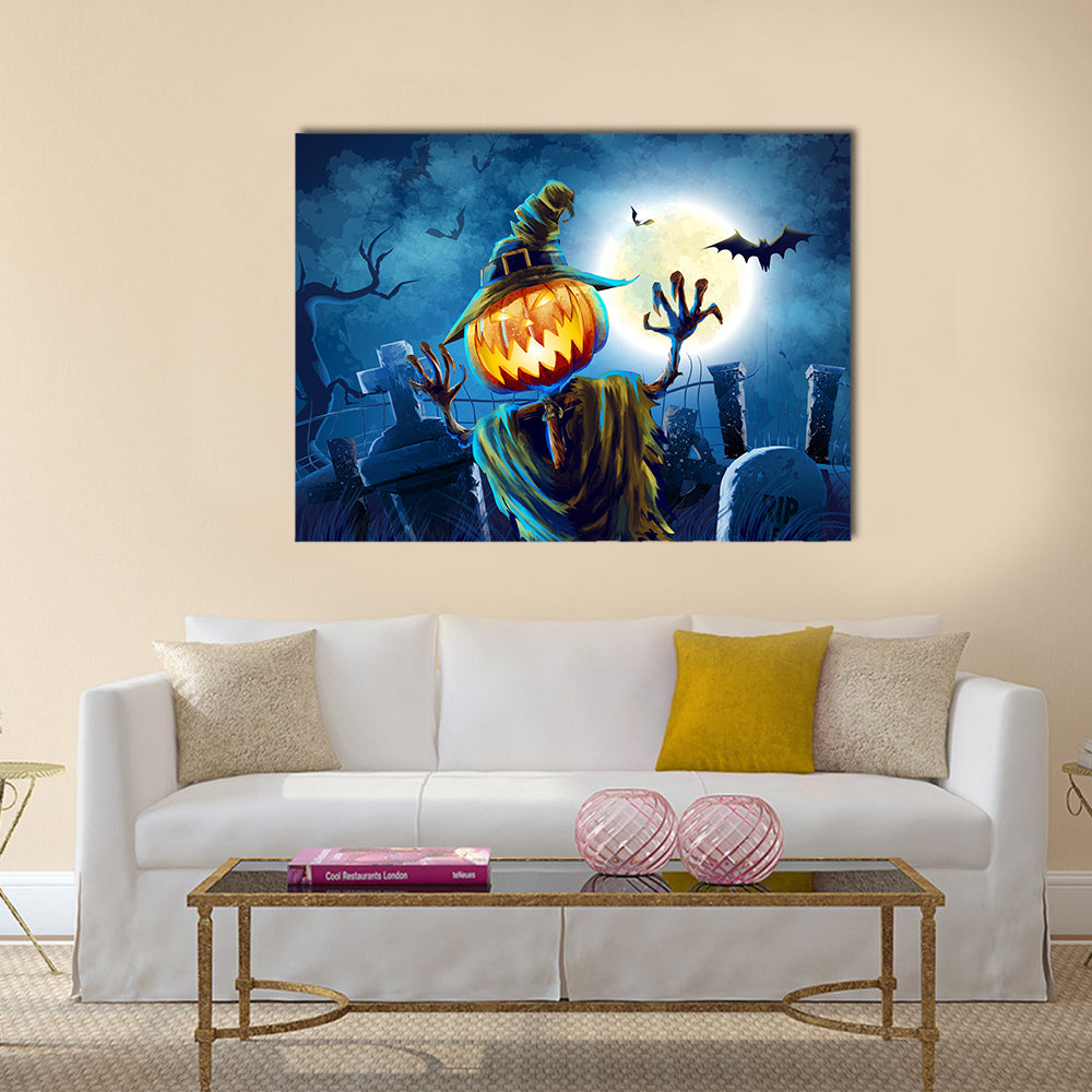 Pumpkin-headed Monster in Graveyard Canvas Wall Art in orange, yellow and blue, single panel hung on a wall