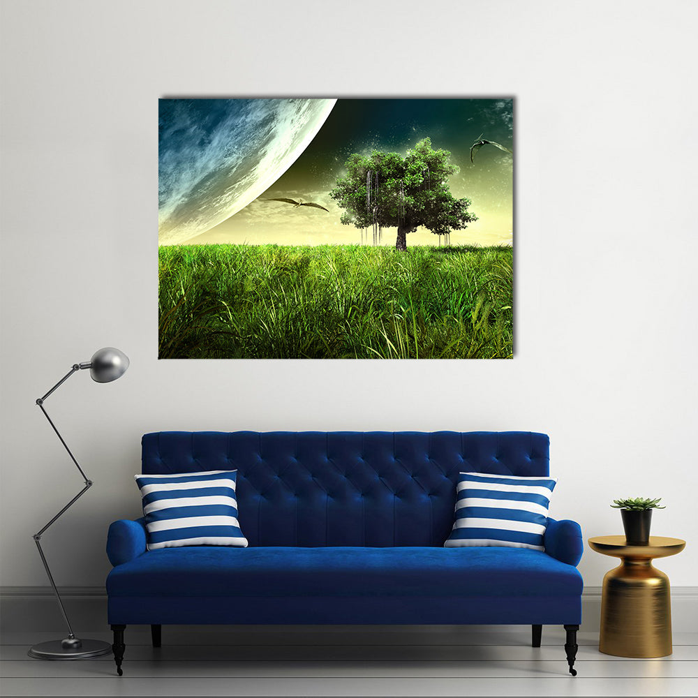 Green Meadow with Pterodactyls Canvas Wall Art