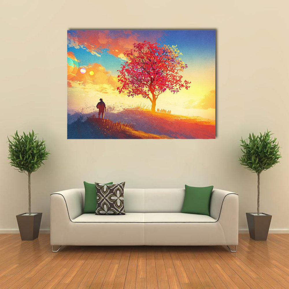 Solitary Hiker in Autumn Mountains Canvas Wall Art in red, orange and blue, single panel hung on a wall