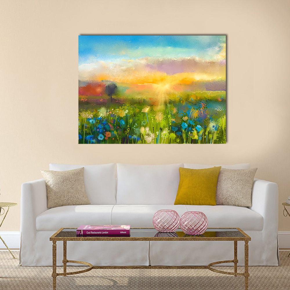Sunset Over Wildflower Meadow Canvas Wall Art