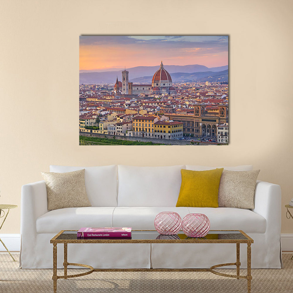 Florence City At Sunset Canvas Wall Art in brown, orange and blue, single panel hung on a wall