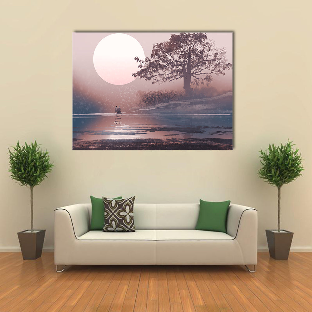 Moonlit Couple by Misty Shore Canvas Wall Art in brown, blue and pink, single panel hung on a wall
