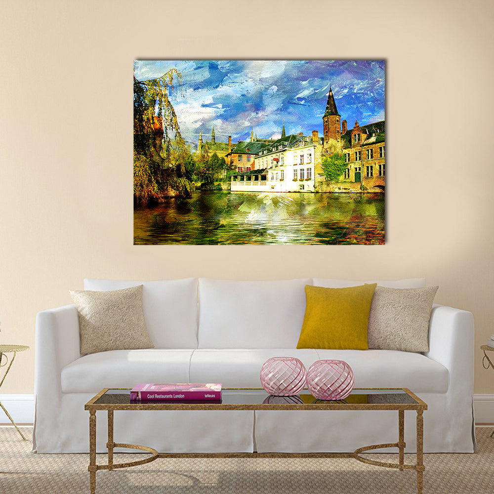 Belgian Canal in a Small Town Canvas Wall Art in brown, yellow and blue, single panel hung on a wall