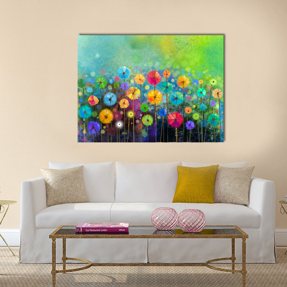 Watercolor Abstract Floral Field Canvas Wall Art in green, blue and multicolor, single panel hung on a wall