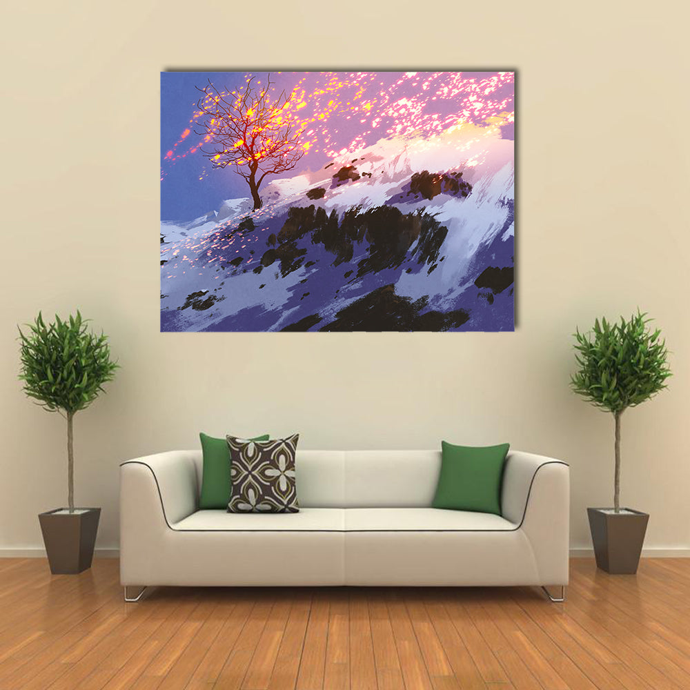 Lone Tree with Glowing Sparks at Twilight Canvas Wall Art