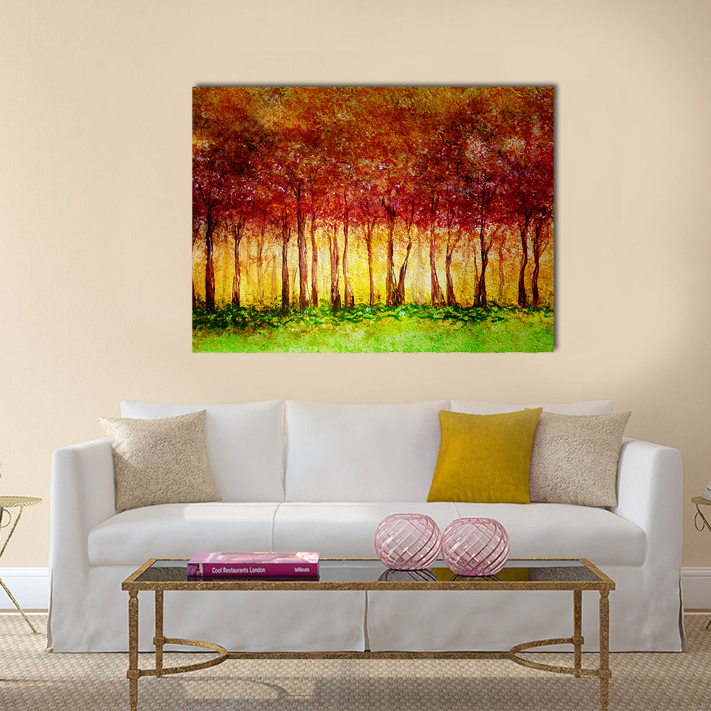 Forest In Fall Canvas Wall Art in red, orange and yellow, single panel hung on a wall