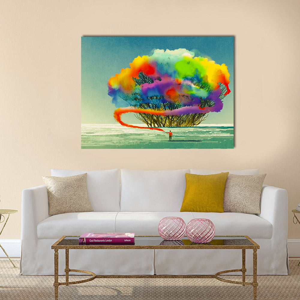 Colorful Smoke Flare Illustration Canvas Wall Art in green, blue and multicolor, single panel hung on a wall