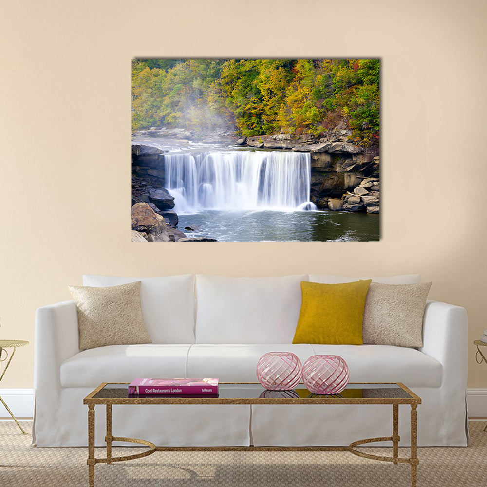 Cumberland Falls In Kentucky Canvas Wall Art in white, yellow and green, single panel hung on a wall