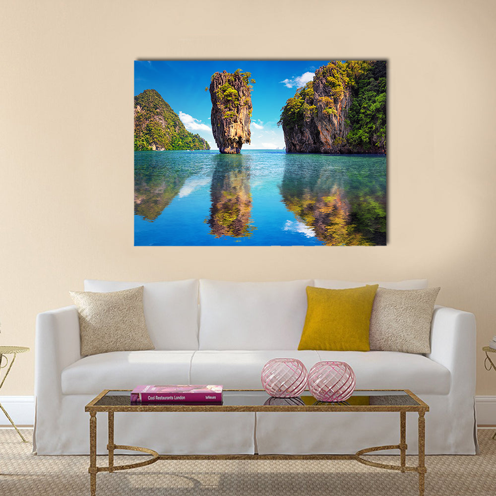 James Bond Island Reflection In Phuket Canvas Wall Art in green and blue, single panel hung on a wall