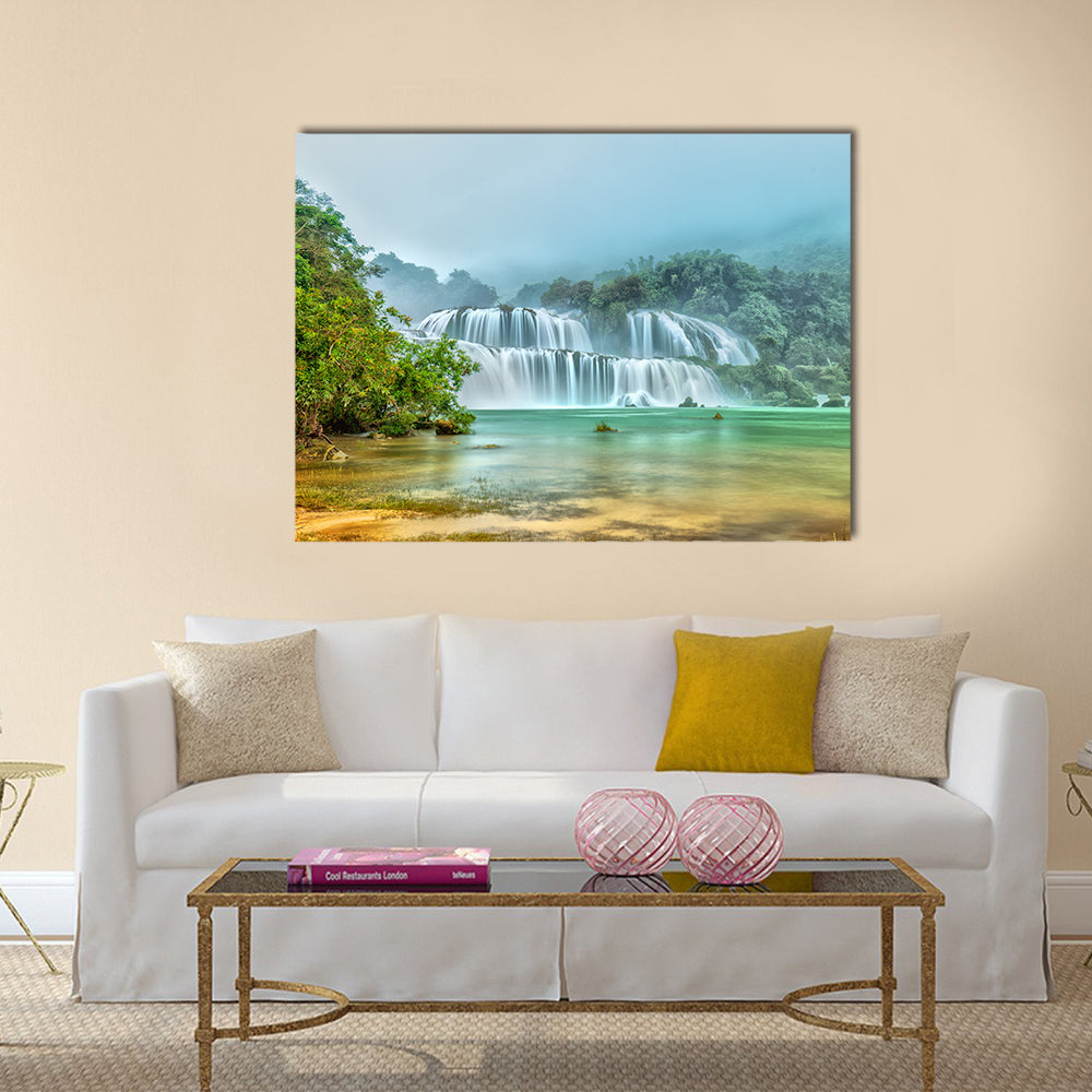 Ban Gioc Waterfall In Vietnam Canvas Wall Art in white, green and blue, single panel hung on a wall