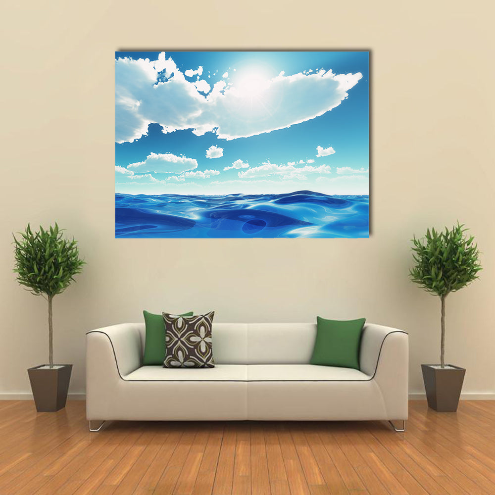 Summer Ocean Waves Canvas Wall Art in white and blue, single panel hung on a wall