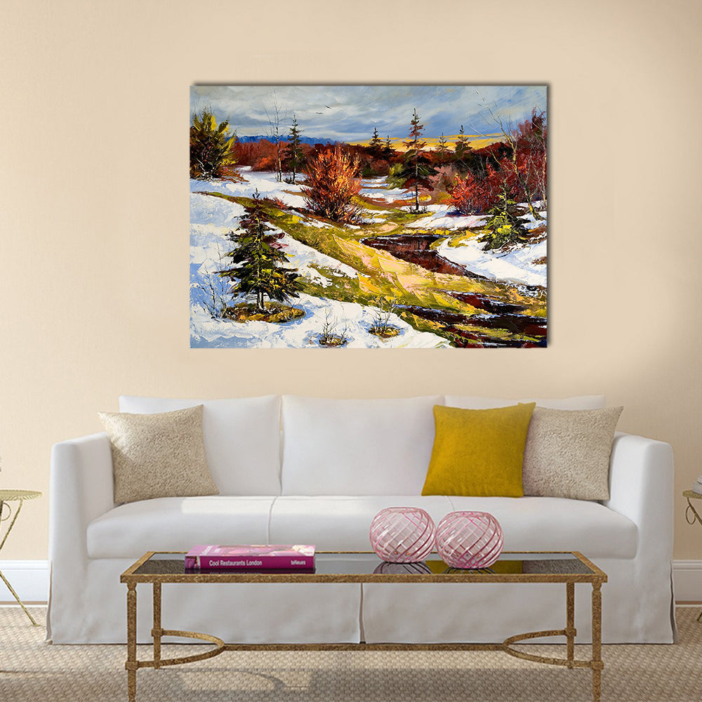Snowy Stream at Sunset Canvas Wall Art in white, brown and orange, single panel hung on a wall