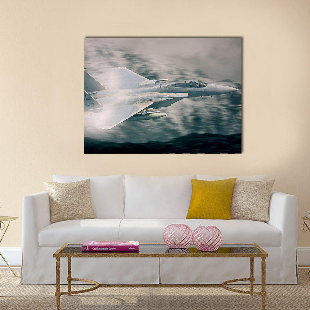 F-15 Fighter Jet with Tail Number 100 Canvas Wall Art in black, white and gray, single panel hung on a wall