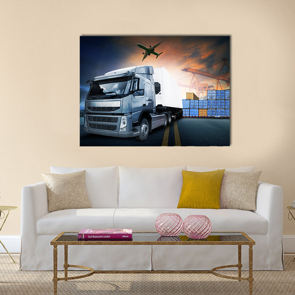 Industrial Shipping Hub at Dusk Canvas Wall Art in gray, orange and blue, single panel hung on a wall