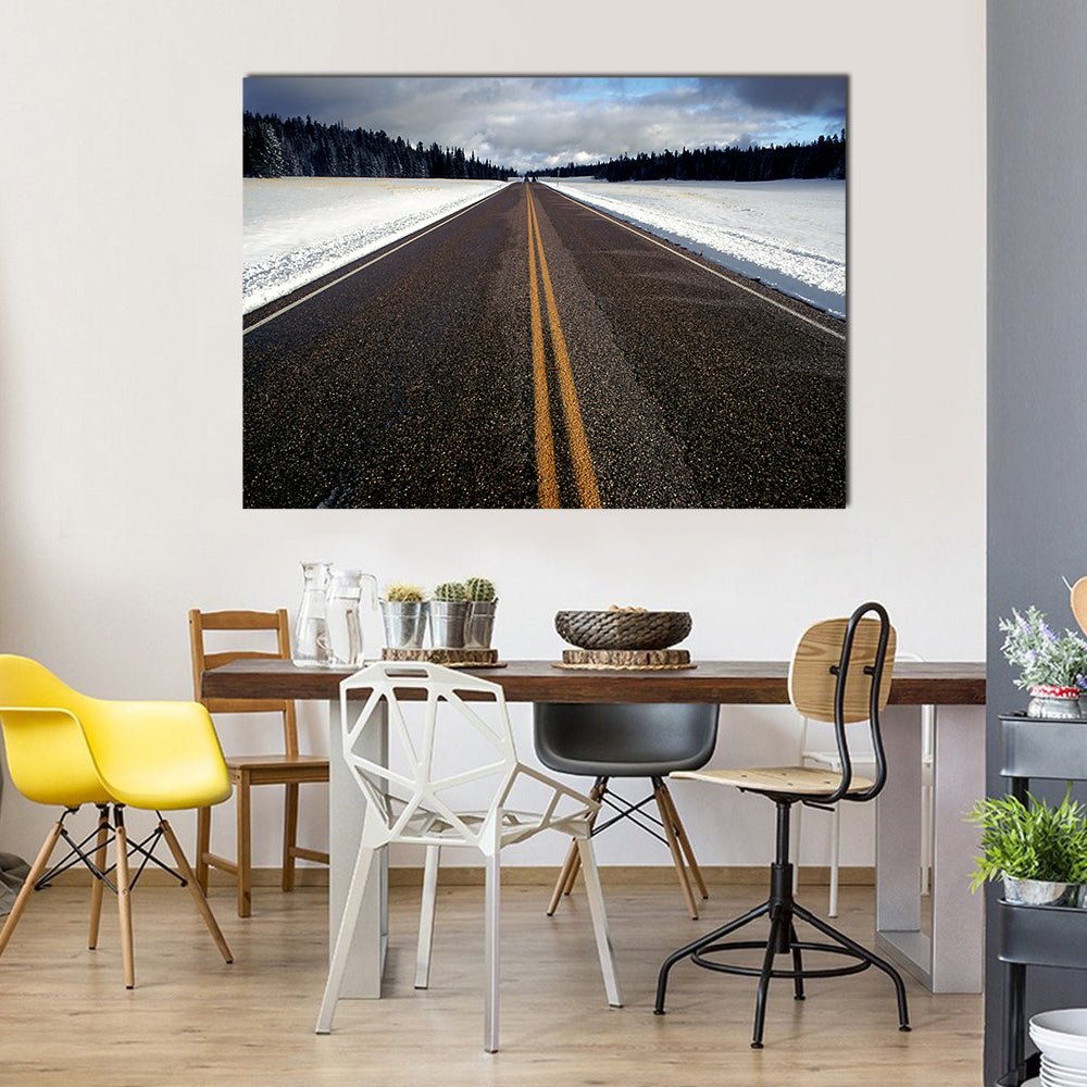 Straight Strip Of Road In Winter Canvas Wall Art