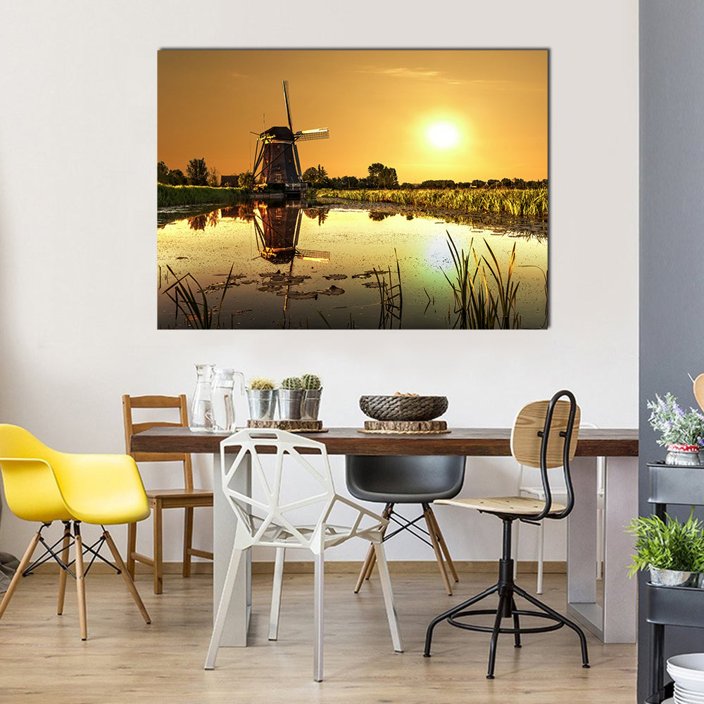 Dutch Windmill At Kinderdijk In Netherlands Canvas Wall Art