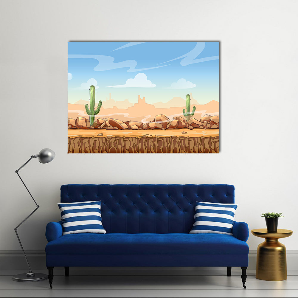 Wild West Desert Game Scene Canvas Wall Art in brown, orange and blue, single panel hung on a wall