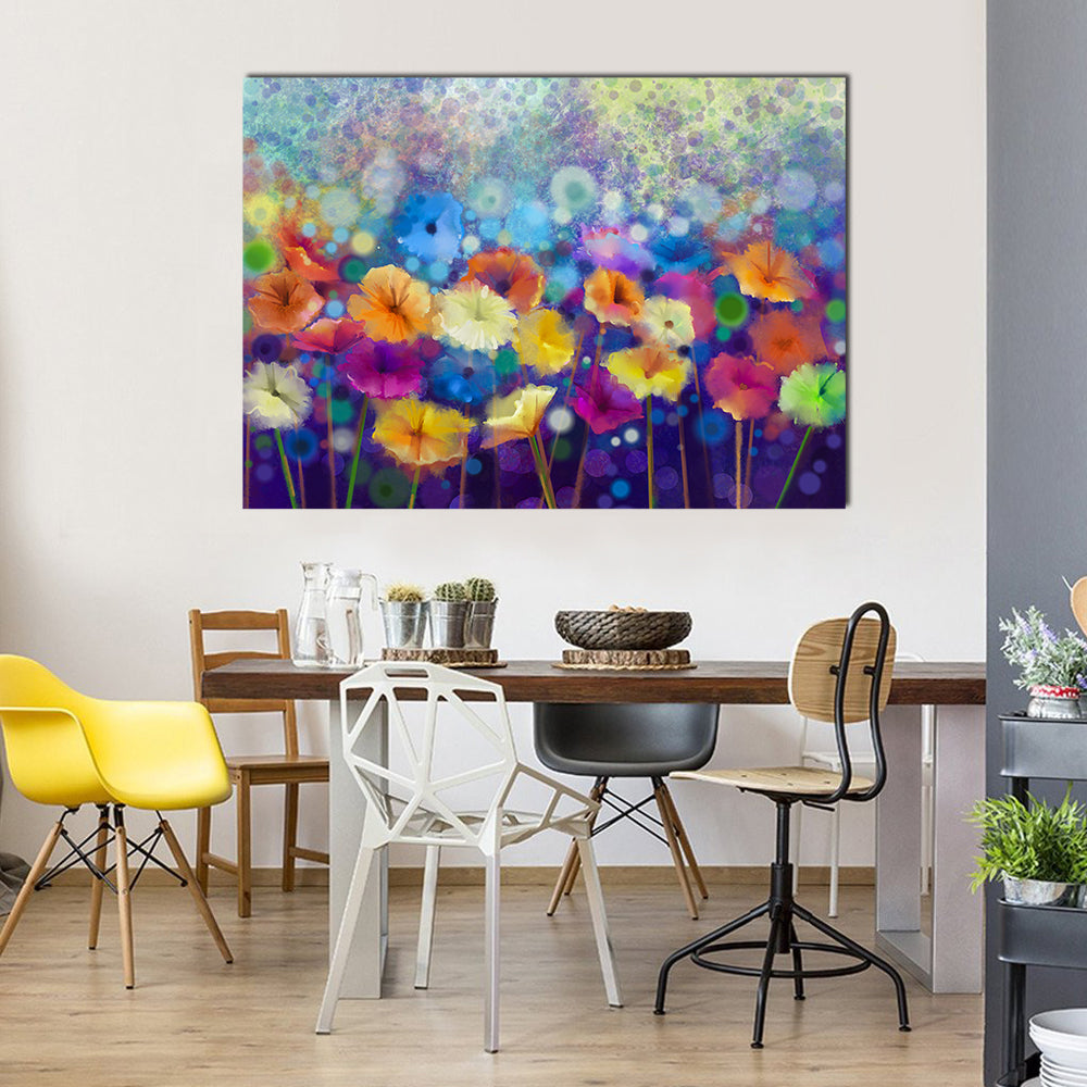 Colorful Watercolor Floral Meadow Canvas Wall Art in blue, purple and multicolor, single panel hung on a wall