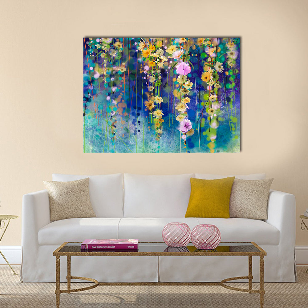 Spring Floral Field Abstract Canvas Wall Art in yellow, green and blue, single panel hung on a wall