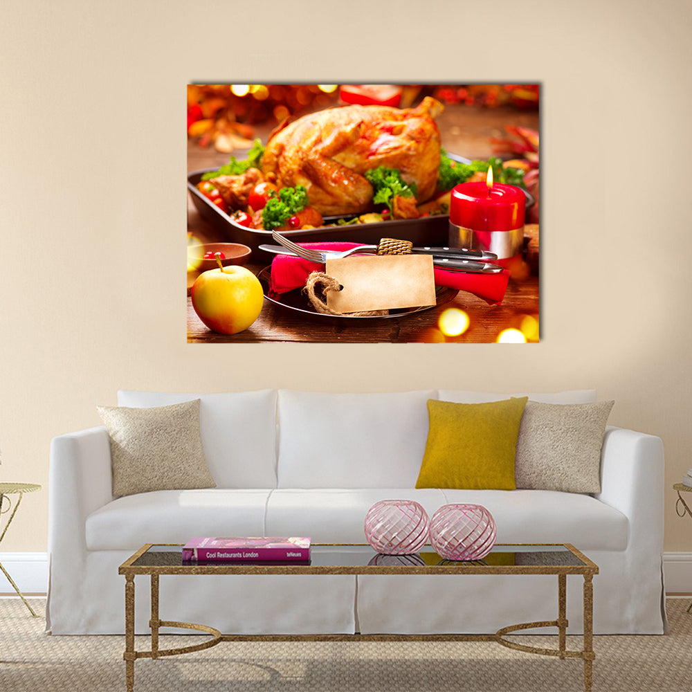 Thanksgiving Dinner Table Canvas Wall Art in brown, red and orange, single panel hung on a wall