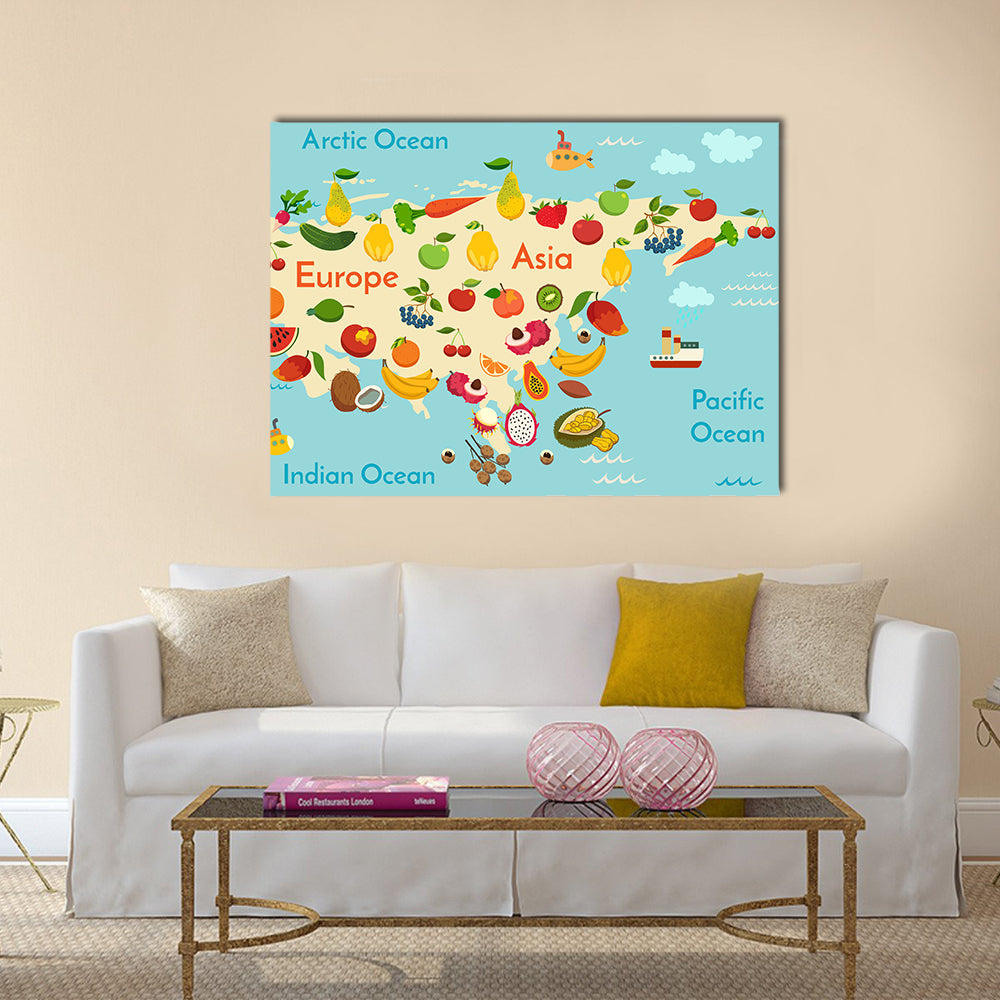 Fruit World Map Canvas Wall Art in beige, blue and multicolor, single panel hung on a wall