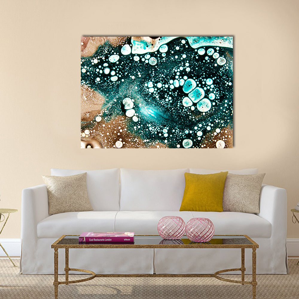 Bizarre Shapes Pattern Canvas Wall Art in white, brown and blue, single panel hung on a wall