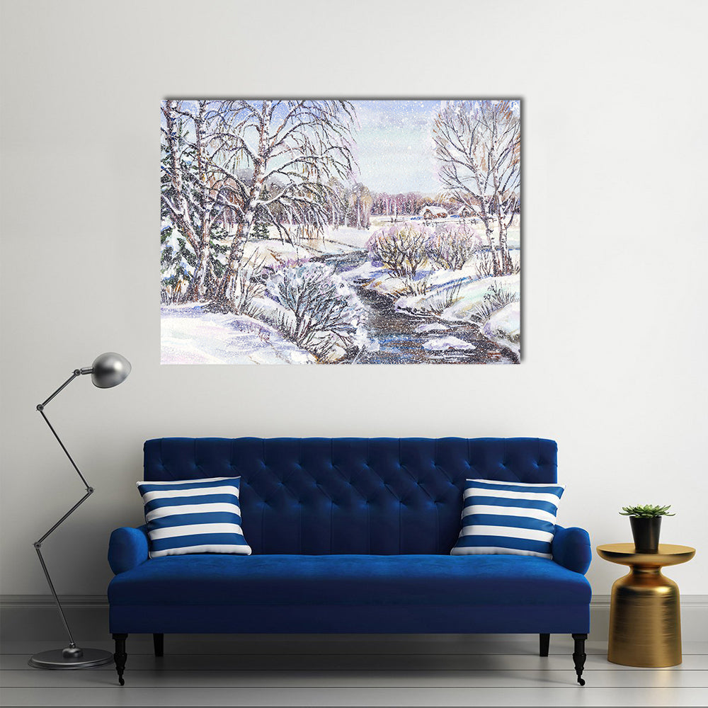 Russian Winter Village Canvas Wall Art in white, gray and blue, single panel hung on a wall