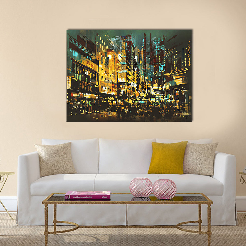 Abstract Night Cityscape with Golden Lights Canvas Wall Art in black, gold and yellow, single panel hung on a wall