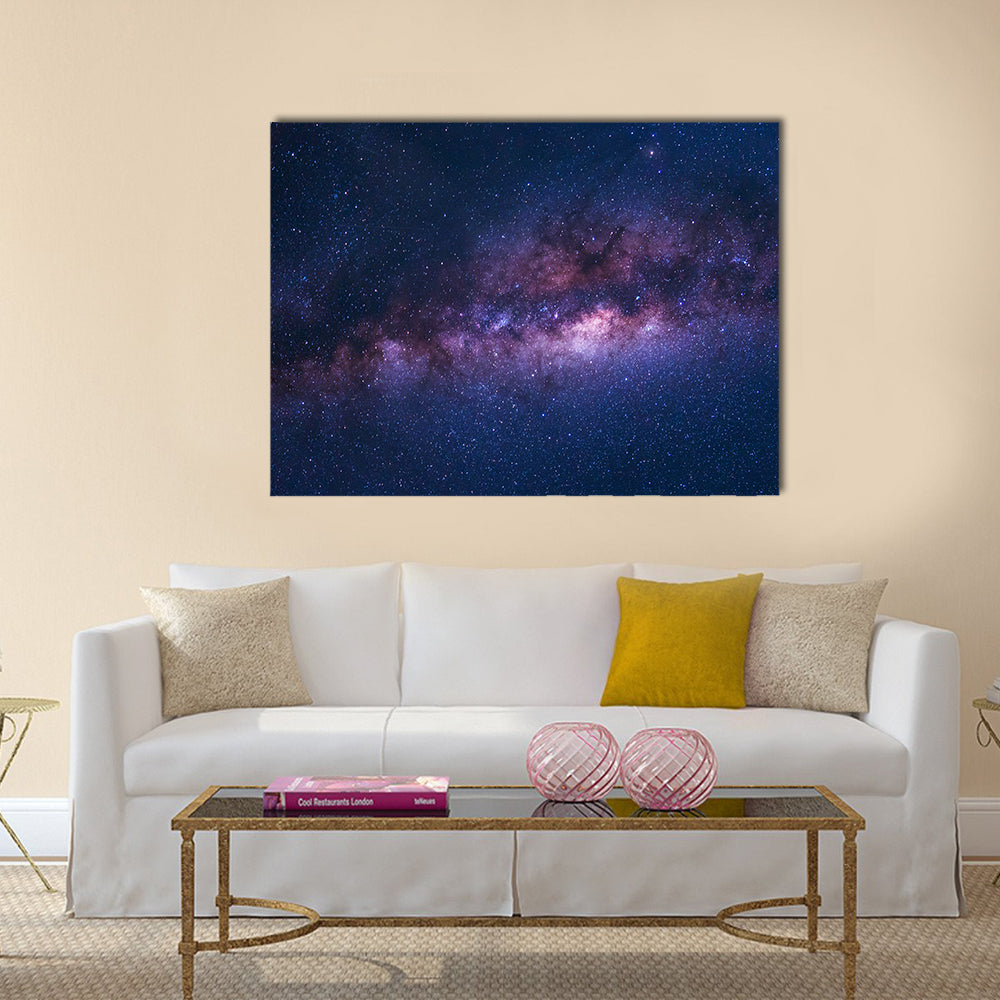 Space Shot Of Milky Way Galaxy Canvas Wall Art in black, blue and purple, single panel hung on a wall