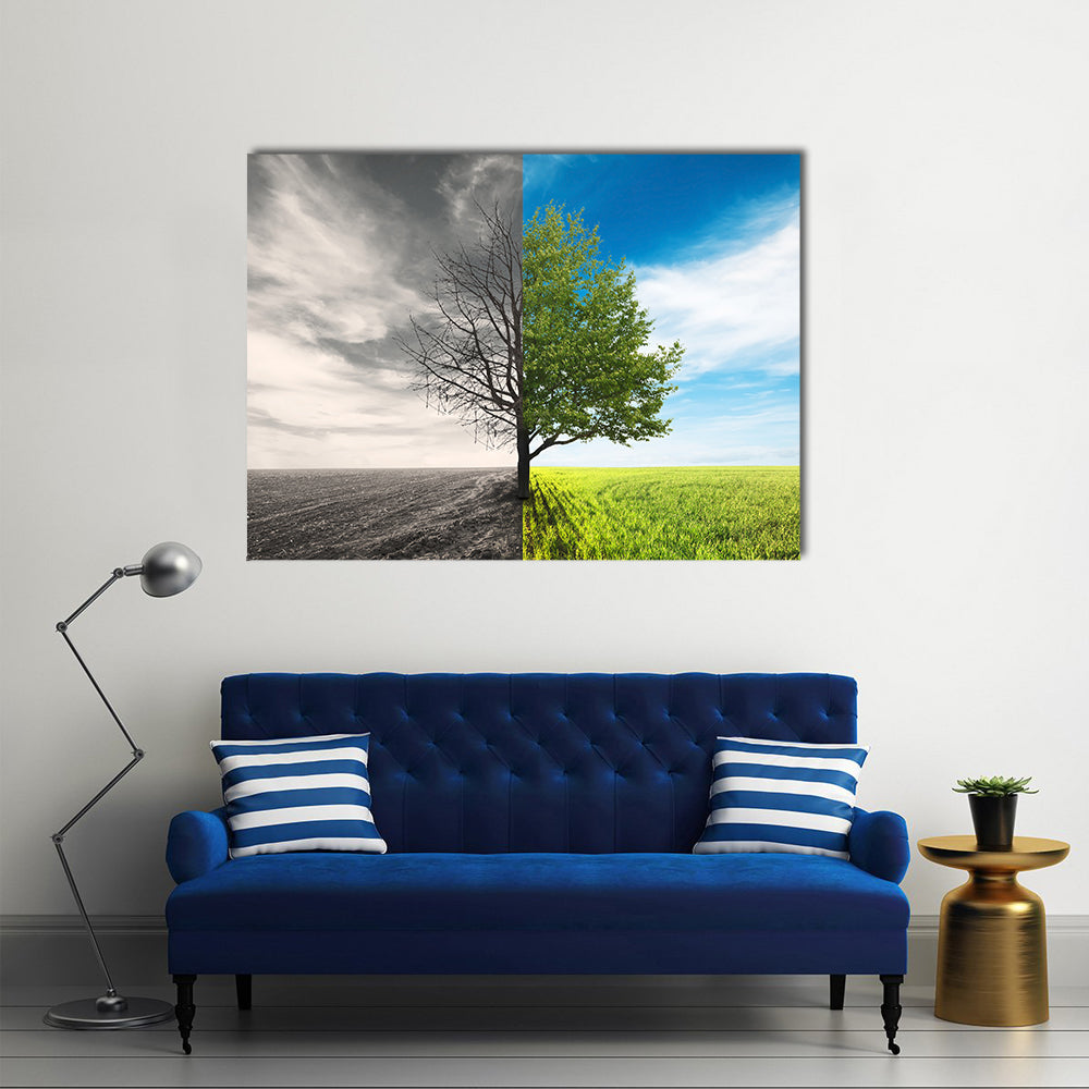 Split Lone Tree in Field Canvas Wall Art in gray, green and blue, single panel hung on a wall