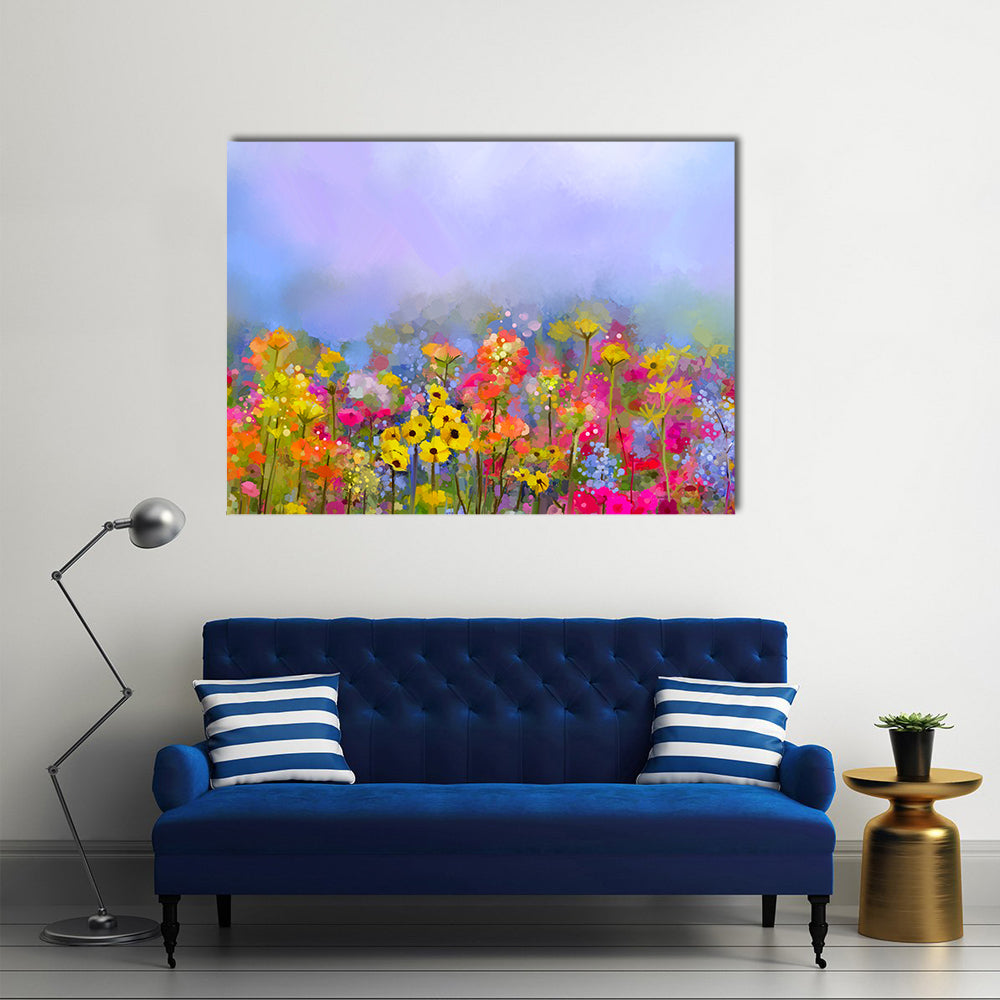 Multicolor Spring Wildflower Meadow Canvas Wall Art in yellow, purple and multicolor, single panel hung on a wall